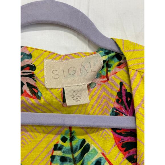 SIGAL Leaf Print Short Sleeve Open Front Kimono Blouse Top Yellow Women One Size - Picture 2 of 3
